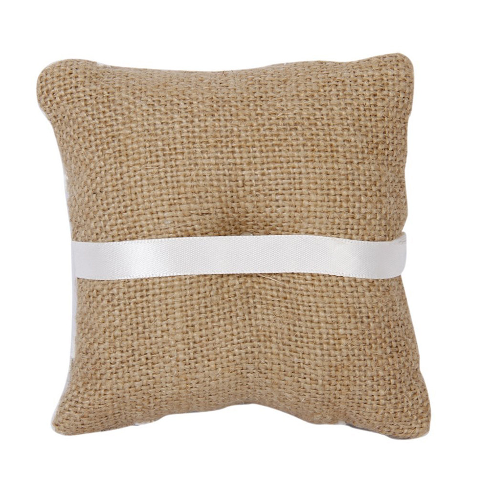 Ring Bearer Pillow - 10x10cm Rustik Kahverengi Çuval Bezi Kumaştan